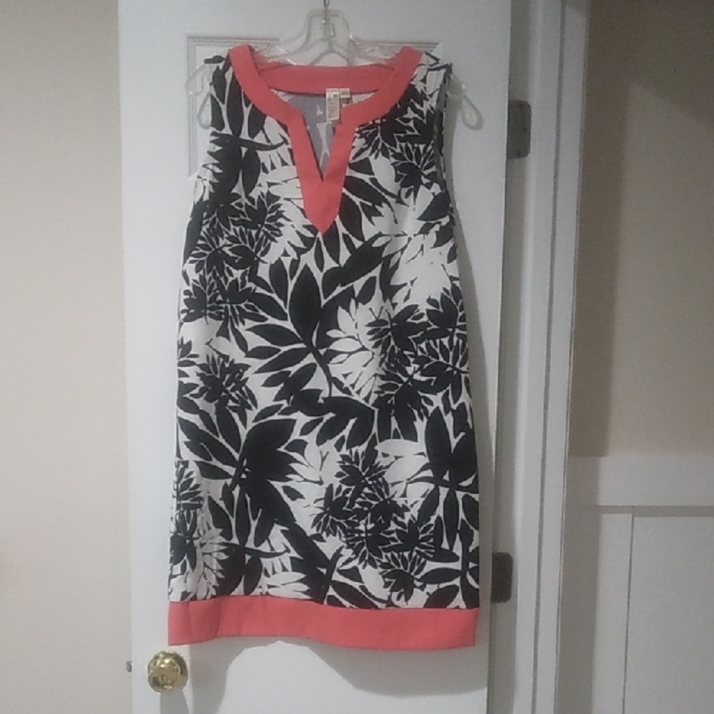 Black and White Floral Dress with Coral Accents